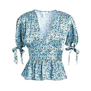 Top Shop Floral Print Corset Top Blue Purple Green V-Neck Peplum Puff Sleeves 4
